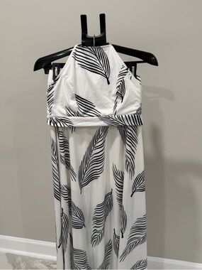 Women’s White Halter Maxi Dress with Black Leaf Print two piece set
